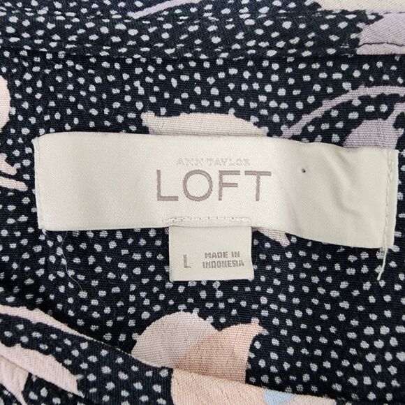 Ann Taylor Loft Blouse Large Floral Dot Black Pink Rayon Pullover Long Sleeve - Picture 8 of 10
